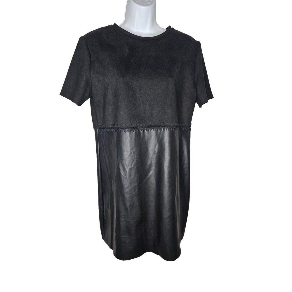 ZARA Black Faux Leather Mixed Media Dress Short Sleeve M Edgy Soft Goth